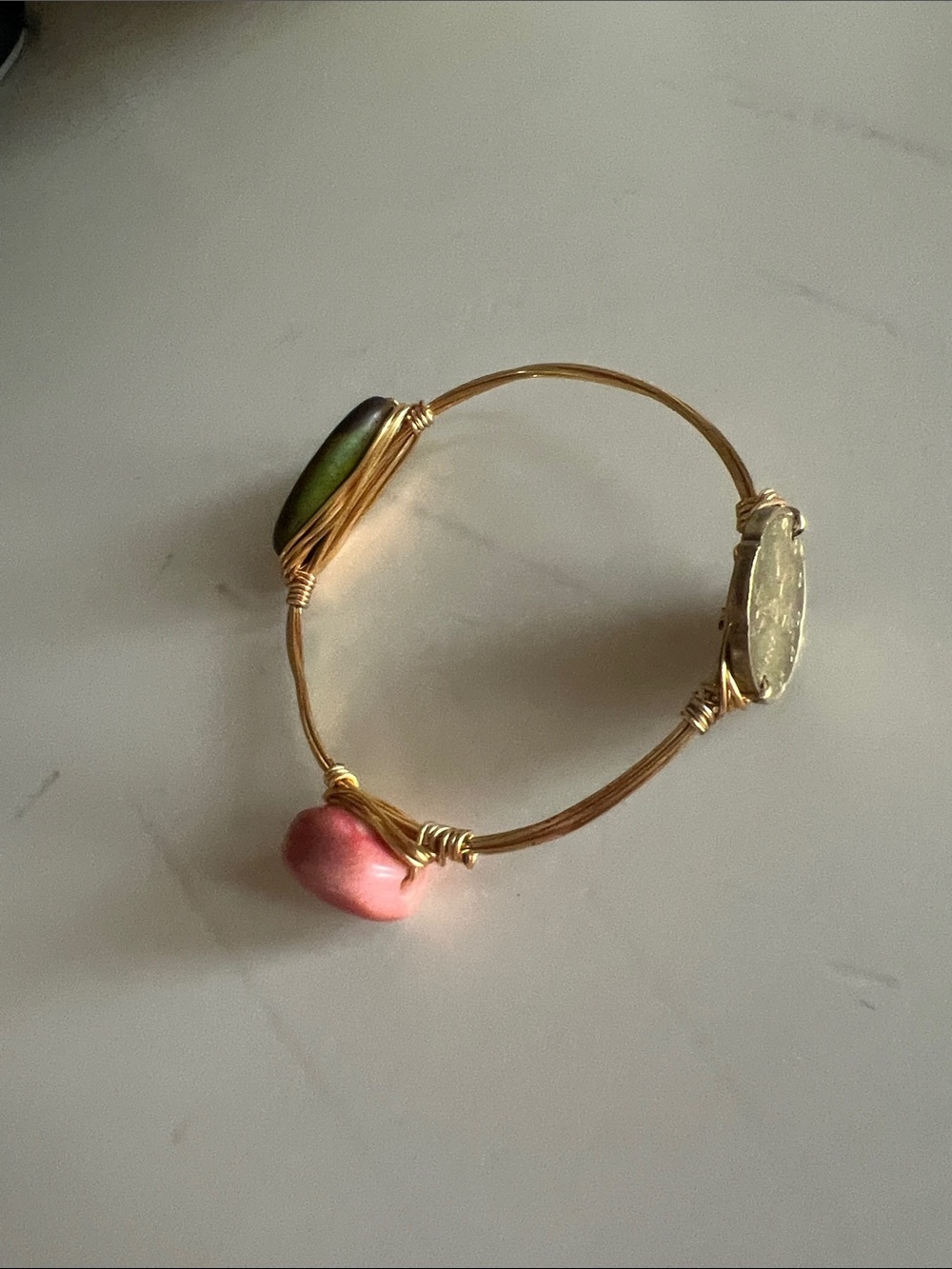 Gold Wire Bangle with Pink, Green and Pearl Accents